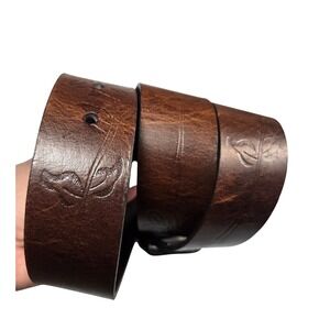 Brown Genuine Leather Floral Embossed Belt Western Boho Small Silver Buckle